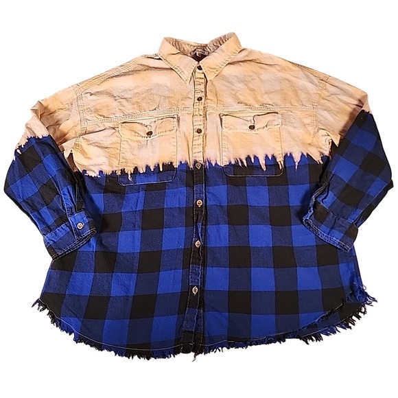 White Birch Flannel Shirt Blue Black Plaid Bleach Tie Dye Western Large - Picture 1 of 8